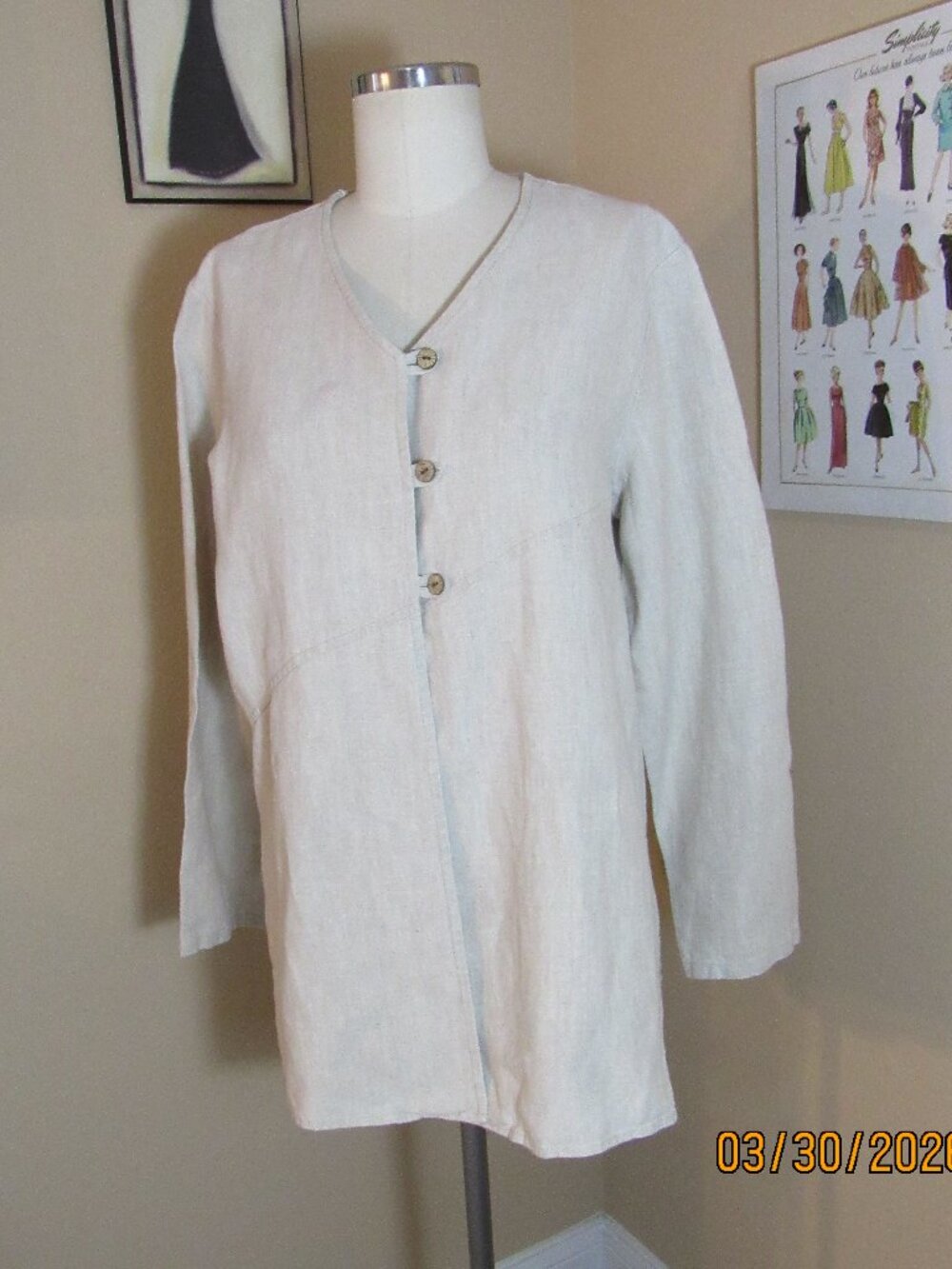 Vintage J Jill Flax/Cream Linen 3 Button Lagenlook Jacket Top Size M